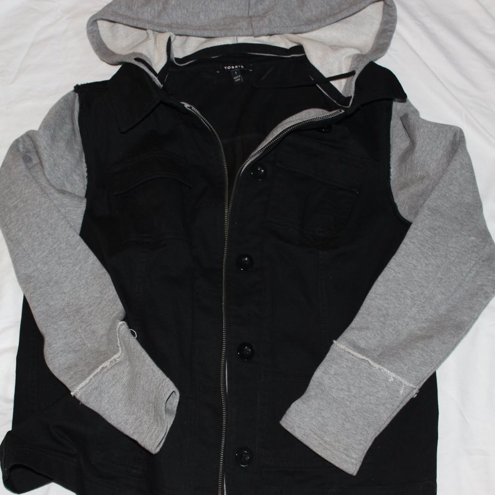 Black Denim with gray jersey sleeves and hood